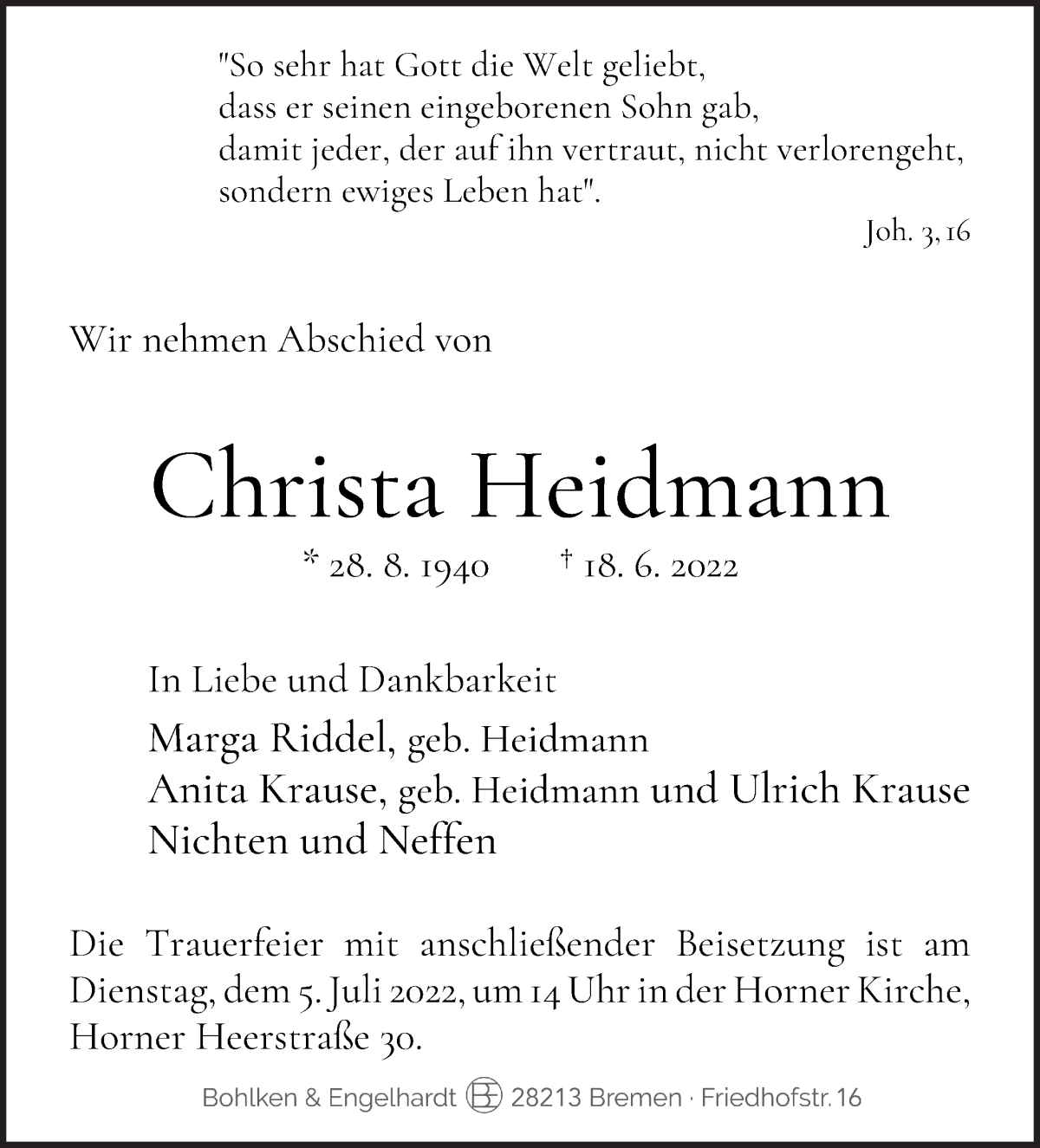 Traueranzeige von Christa Heidmann von WESER-KURIER