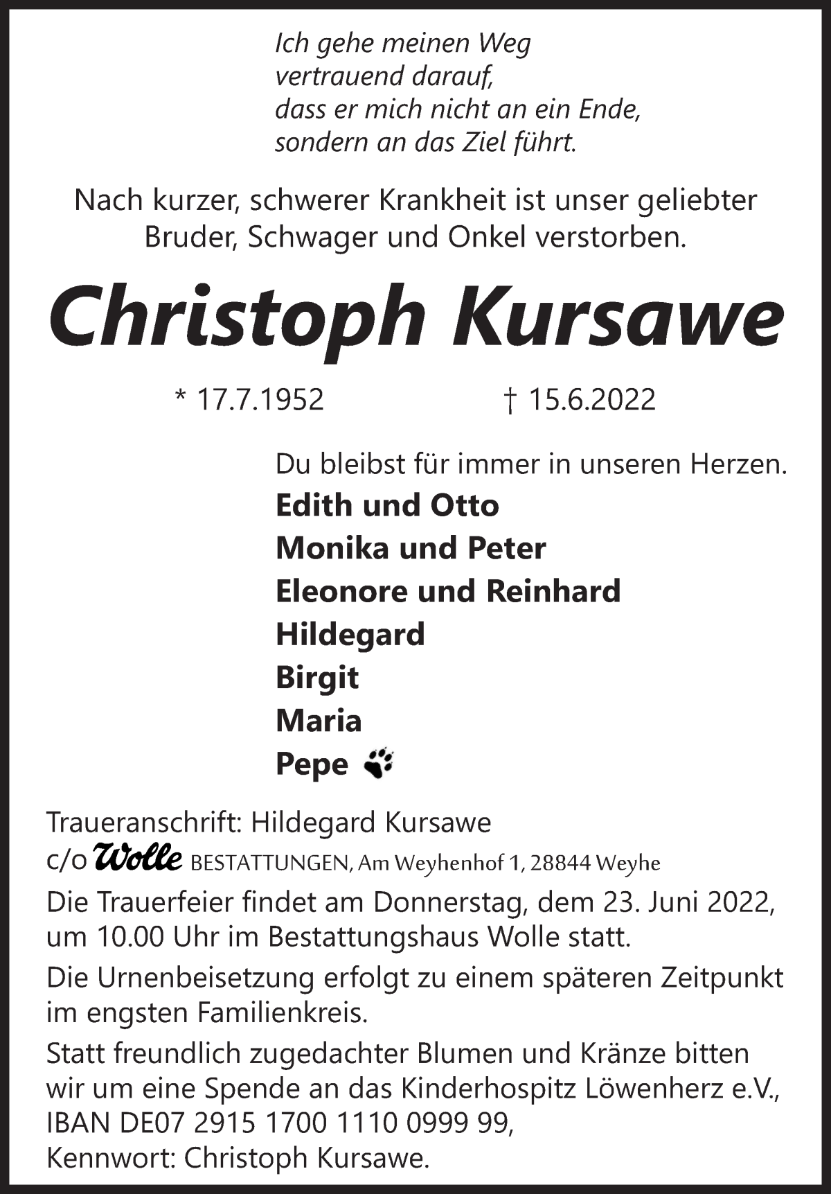  Traueranzeige für Christoph Kursawe vom 21.06.2022 aus WESER-KURIER