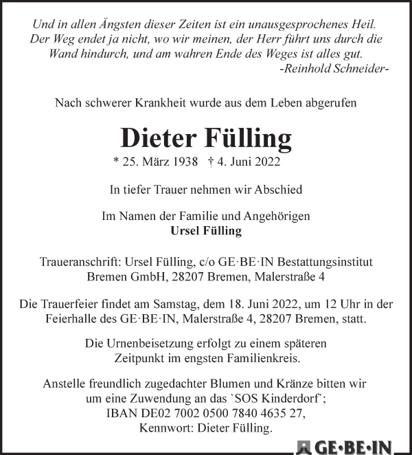 Traueranzeige von Dieter Fülling von WESER-KURIER