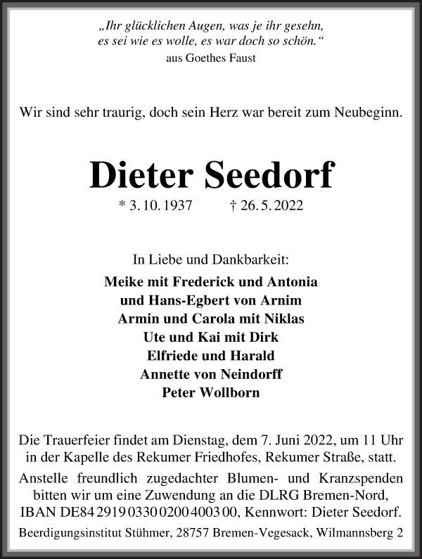 Traueranzeige von Dieter Seedorf von Die Norddeutsche