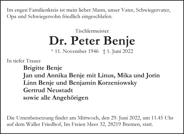 Traueranzeige von Dr. Peter Benje von WESER-KURIER