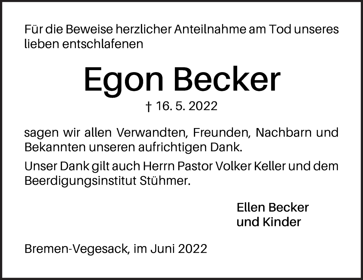  Traueranzeige für Egon Becker vom 11.06.2022 aus Die Norddeutsche