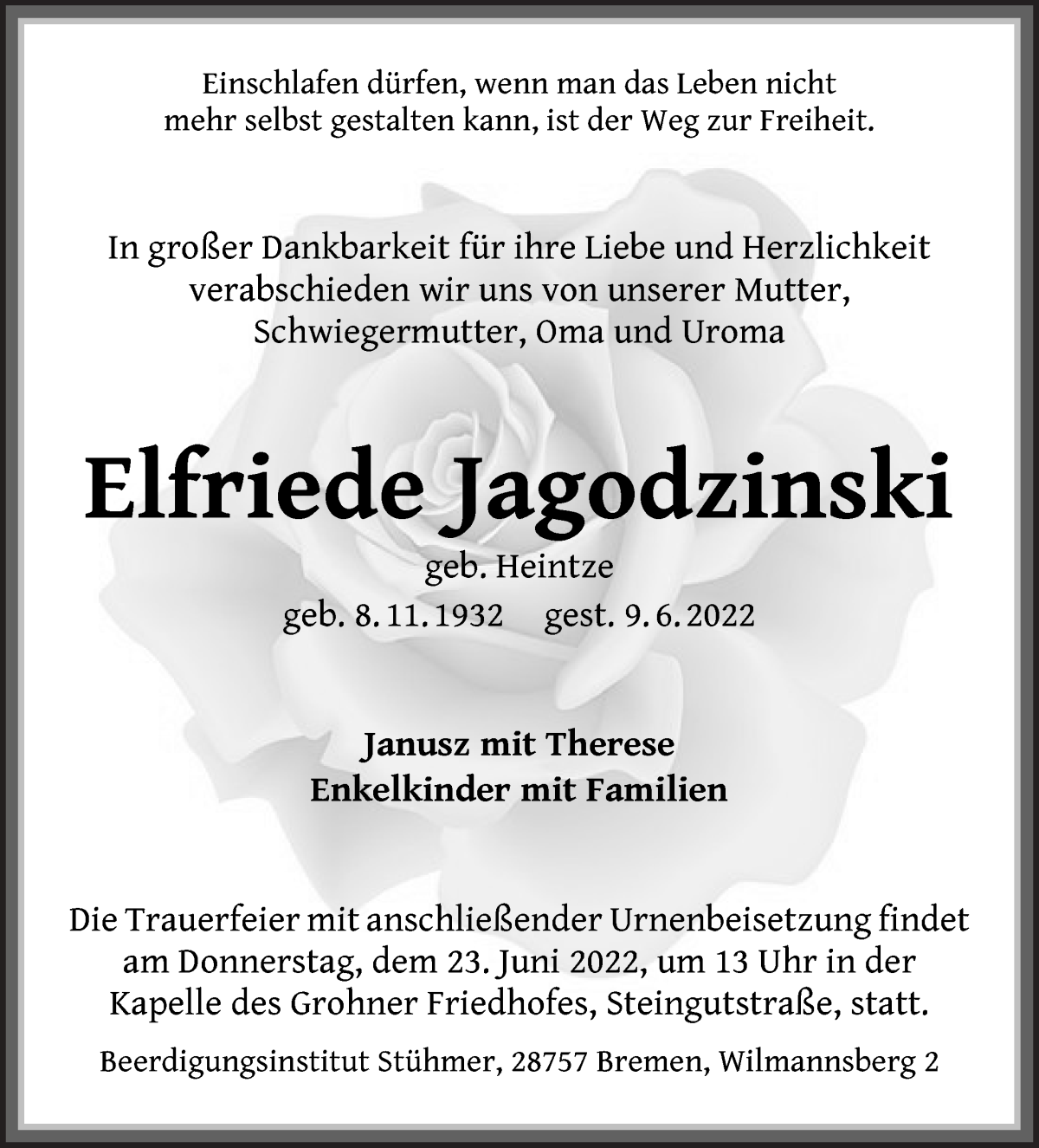 Traueranzeige von Elfriede Jagodzinski von Die Norddeutsche