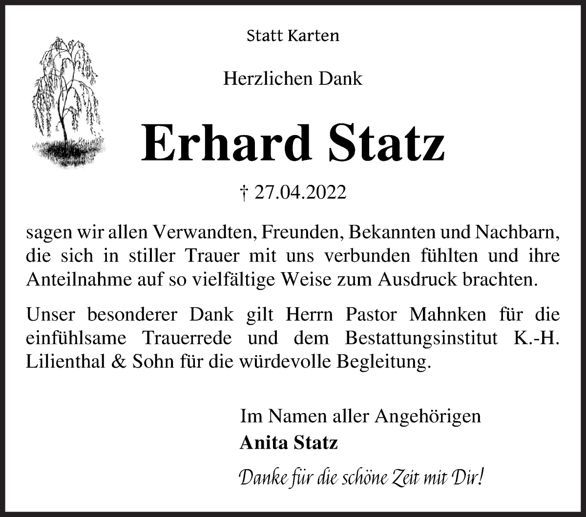 Traueranzeige von Erhard Statz von Osterholzer Kreisblatt