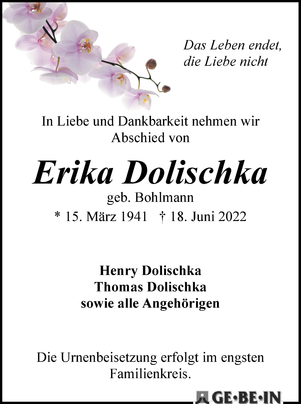  Traueranzeige für Erika Dolischka vom 25.06.2022 aus WESER-KURIER