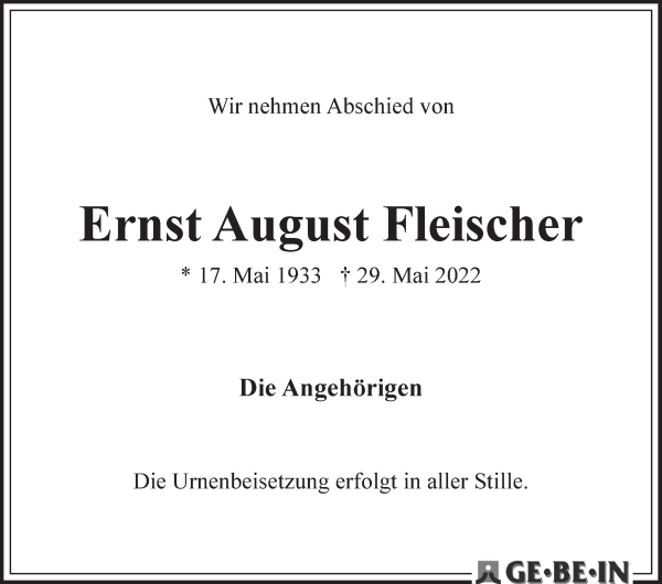 Traueranzeige von Ernst August Fleischer von WESER-KURIER