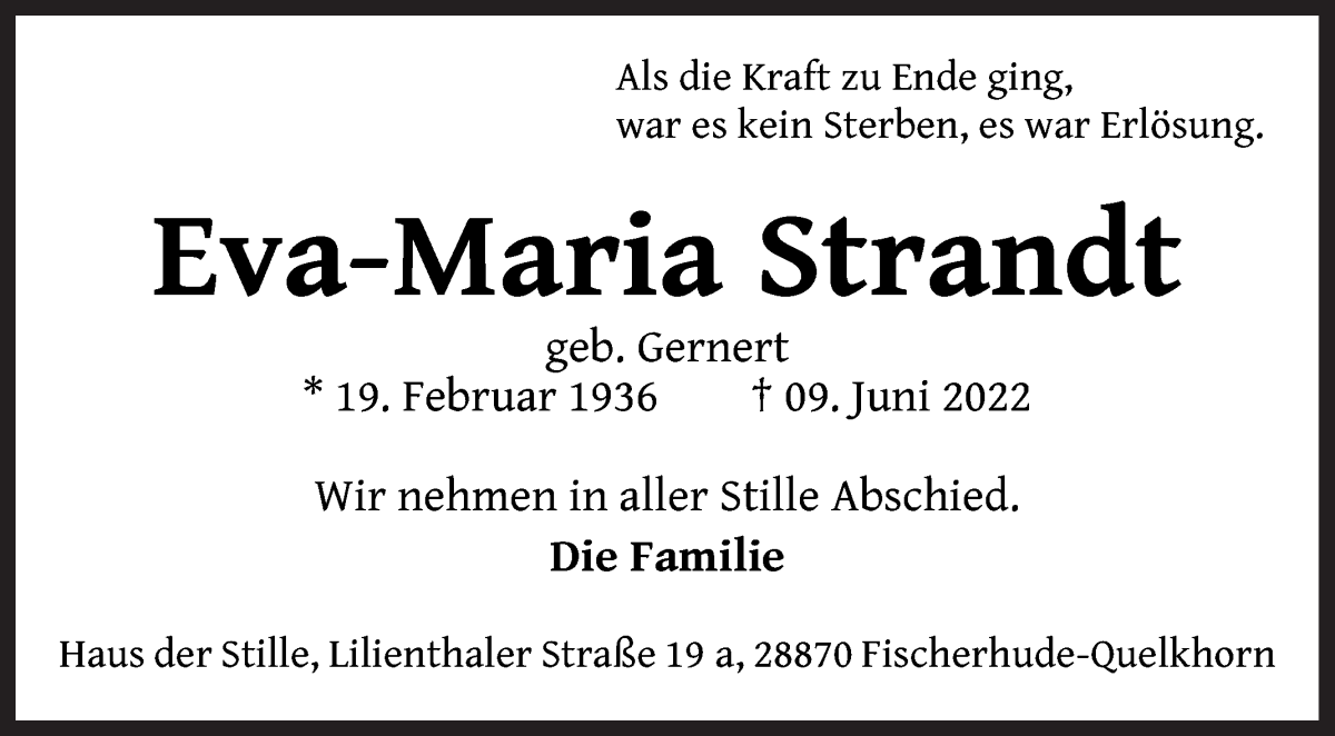  Traueranzeige für Eva-Maria Strandt vom 18.06.2022 aus WESER-KURIER