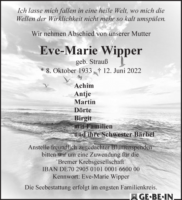 Traueranzeige von Eve-Marie Wipper von WESER-KURIER
