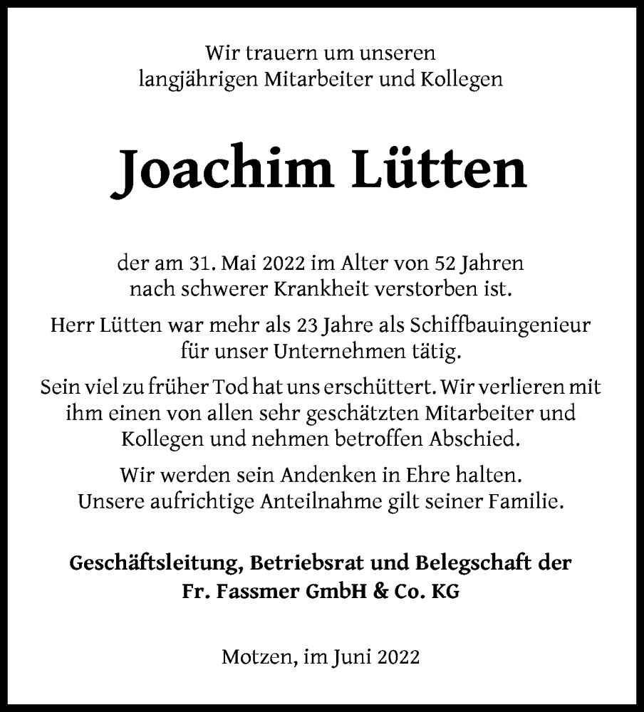 Traueranzeige von Joachim Lütten 