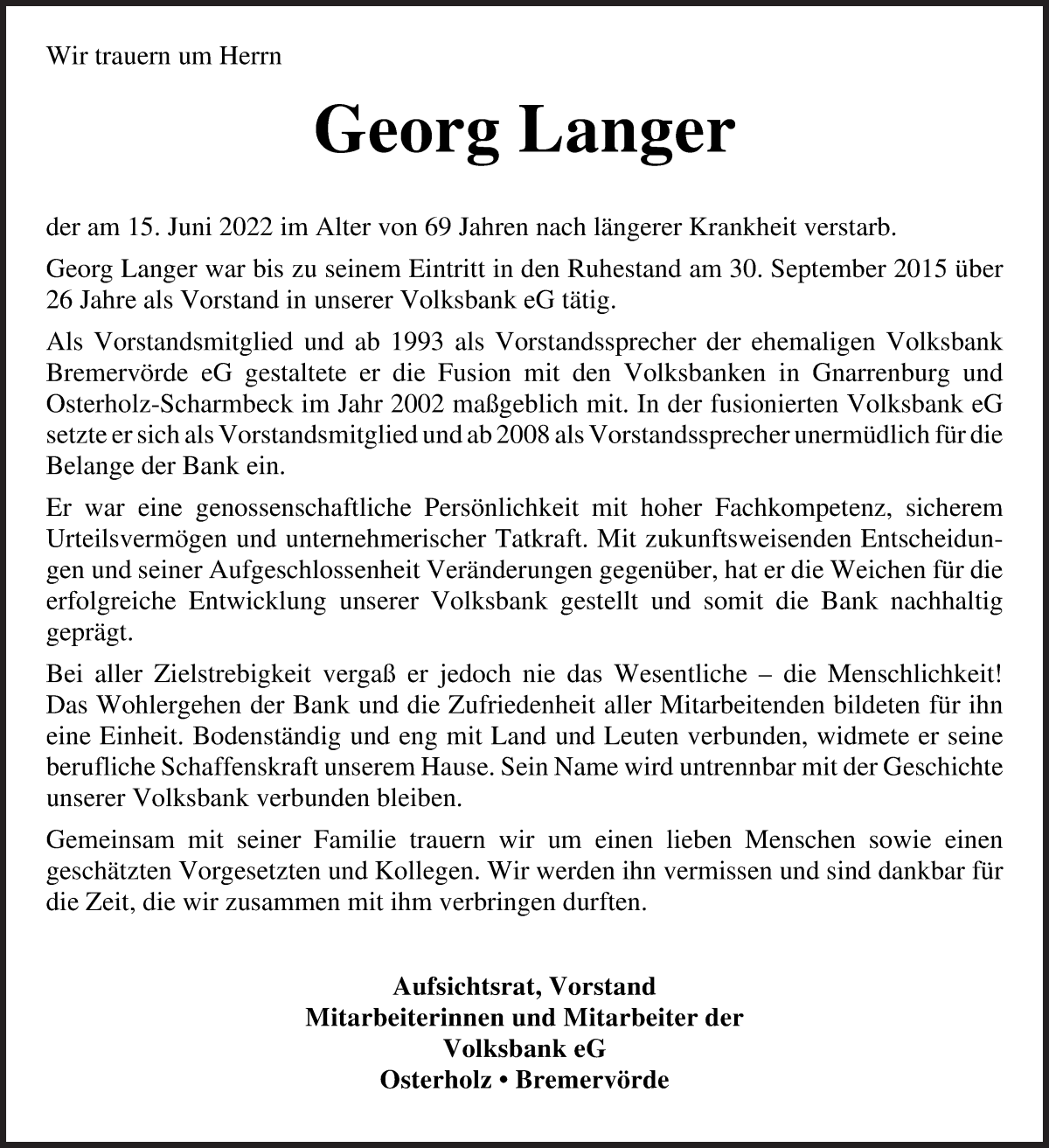  Traueranzeige für Georg Langer vom 18.06.2022 aus Osterholzer Kreisblatt
