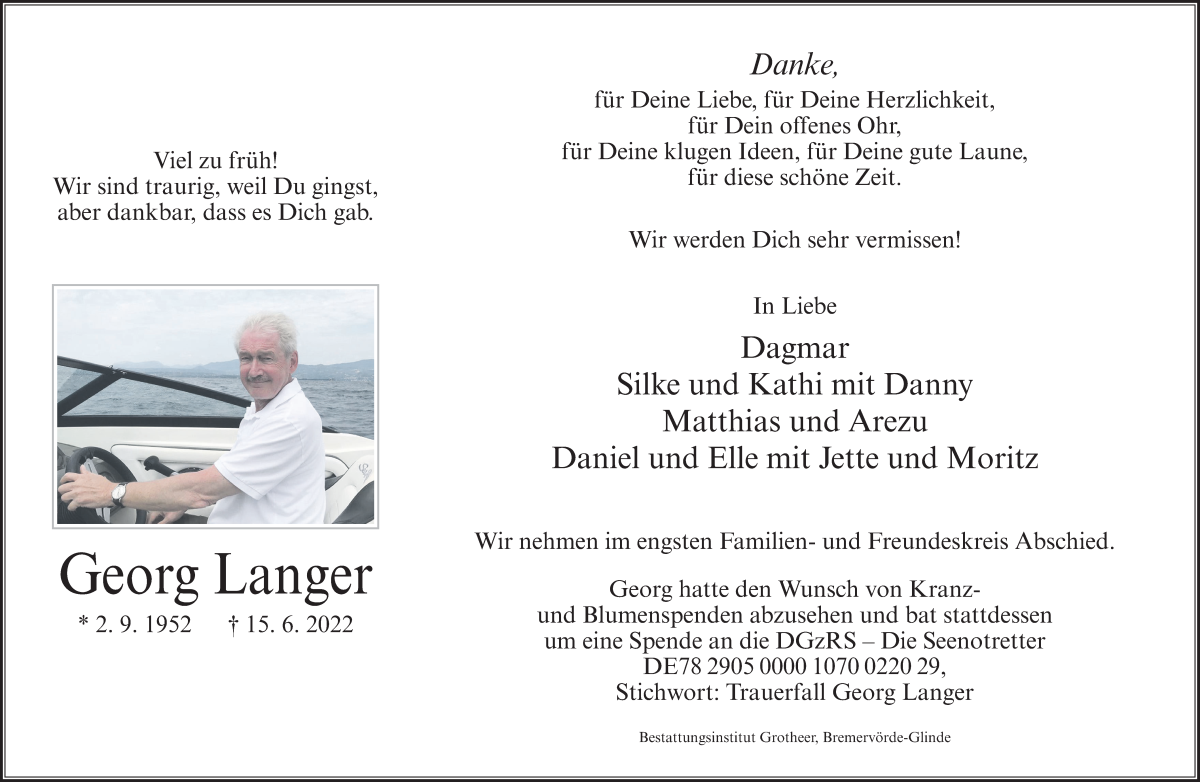  Traueranzeige für Georg Langer vom 18.06.2022 aus Osterholzer Kreisblatt