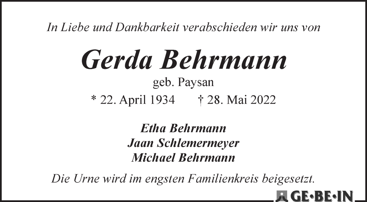  Traueranzeige für Gerda Behrmann vom 04.06.2022 aus WESER-KURIER