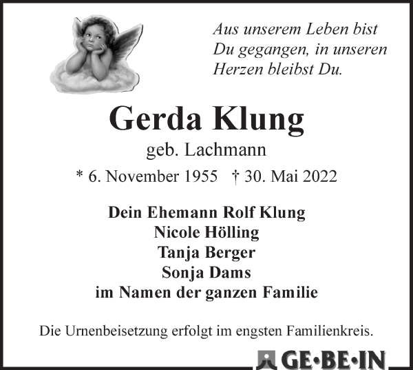 Traueranzeige von Gerda Klung von WESER-KURIER