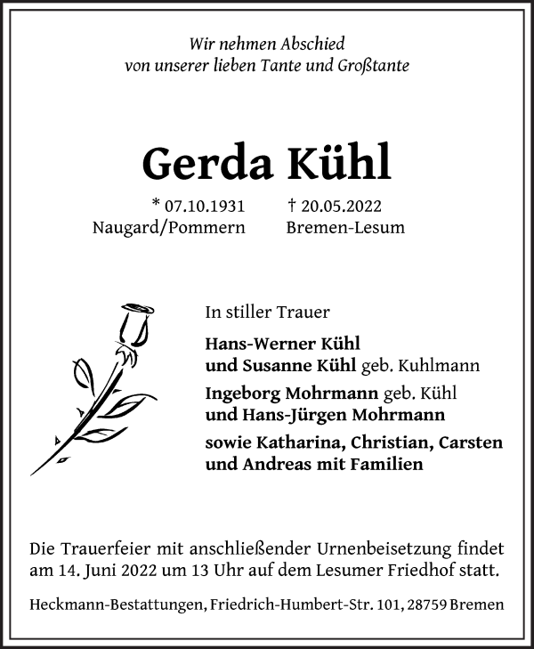 Traueranzeige von Gerda Kühl von WESER-KURIER