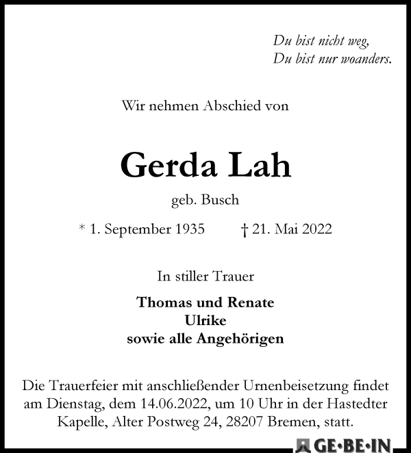 Traueranzeige von Gerda Lah von WESER-KURIER