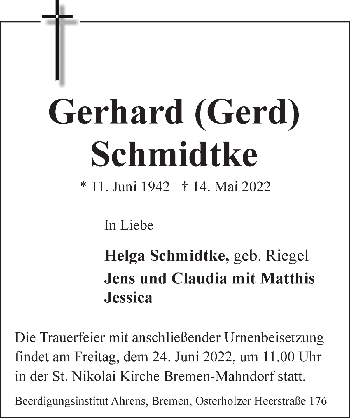 Traueranzeige von Gerhard (Gerd) Schmidtke von WESER-KURIER