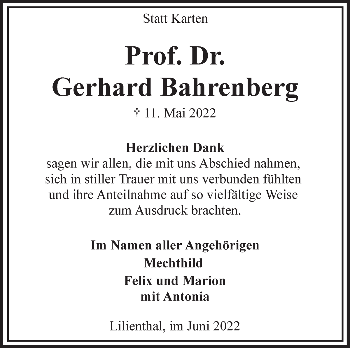  Traueranzeige für Gerhard Bahrenberg vom 18.06.2022 aus WESER-KURIER