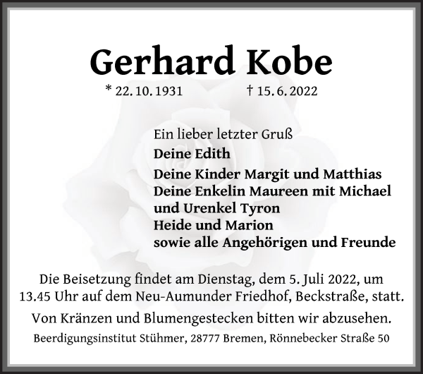 Traueranzeige von Gerhard Kobe von Die Norddeutsche