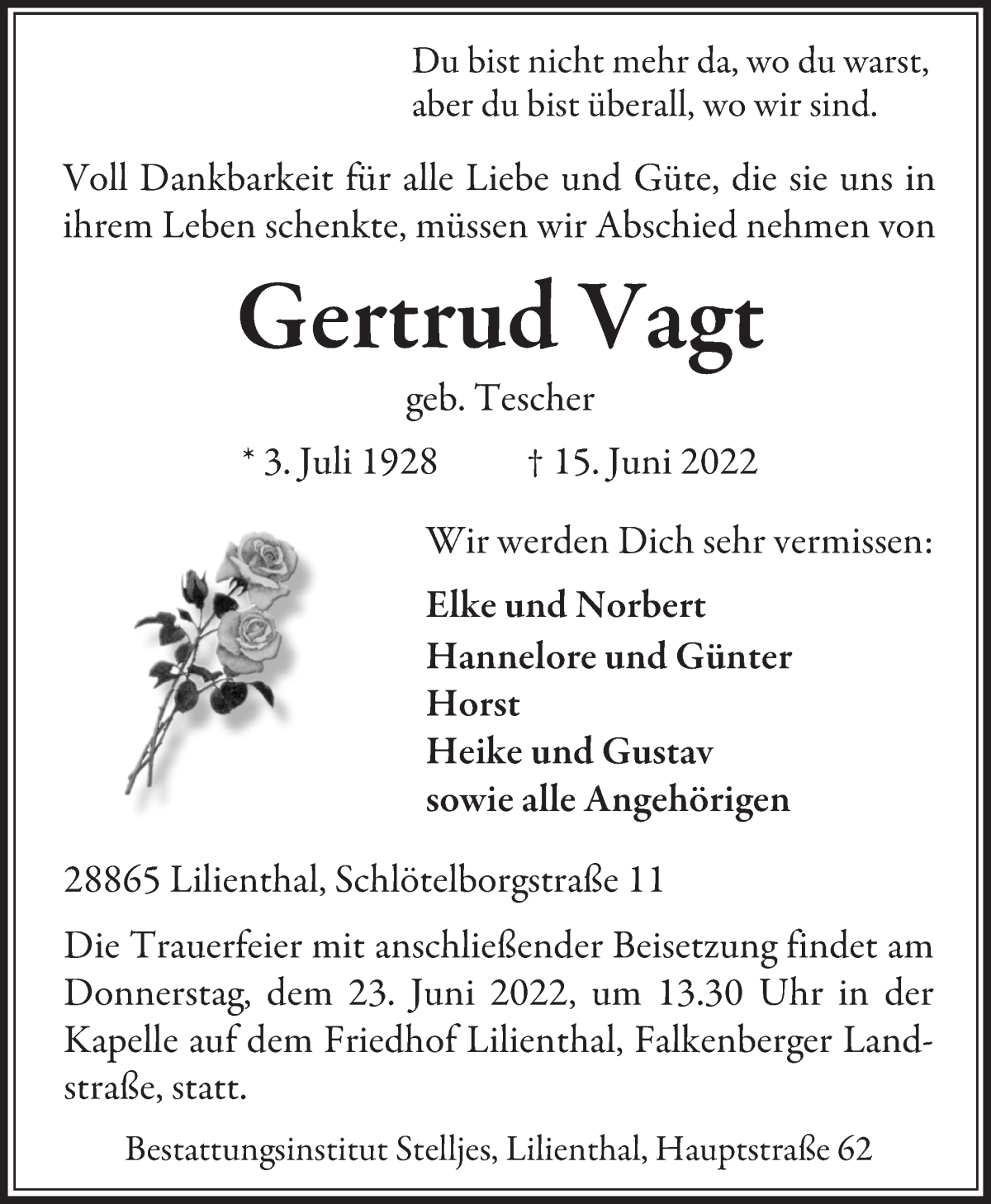 Traueranzeige für Gertrud Vagt vom 18.06.2022 aus Wuemme Zeitung