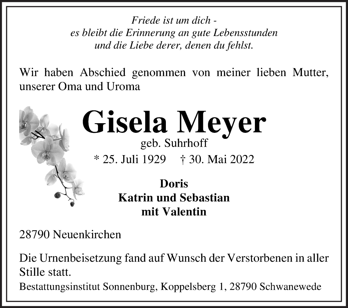 Traueranzeige von Gisela Meyer von Die Norddeutsche