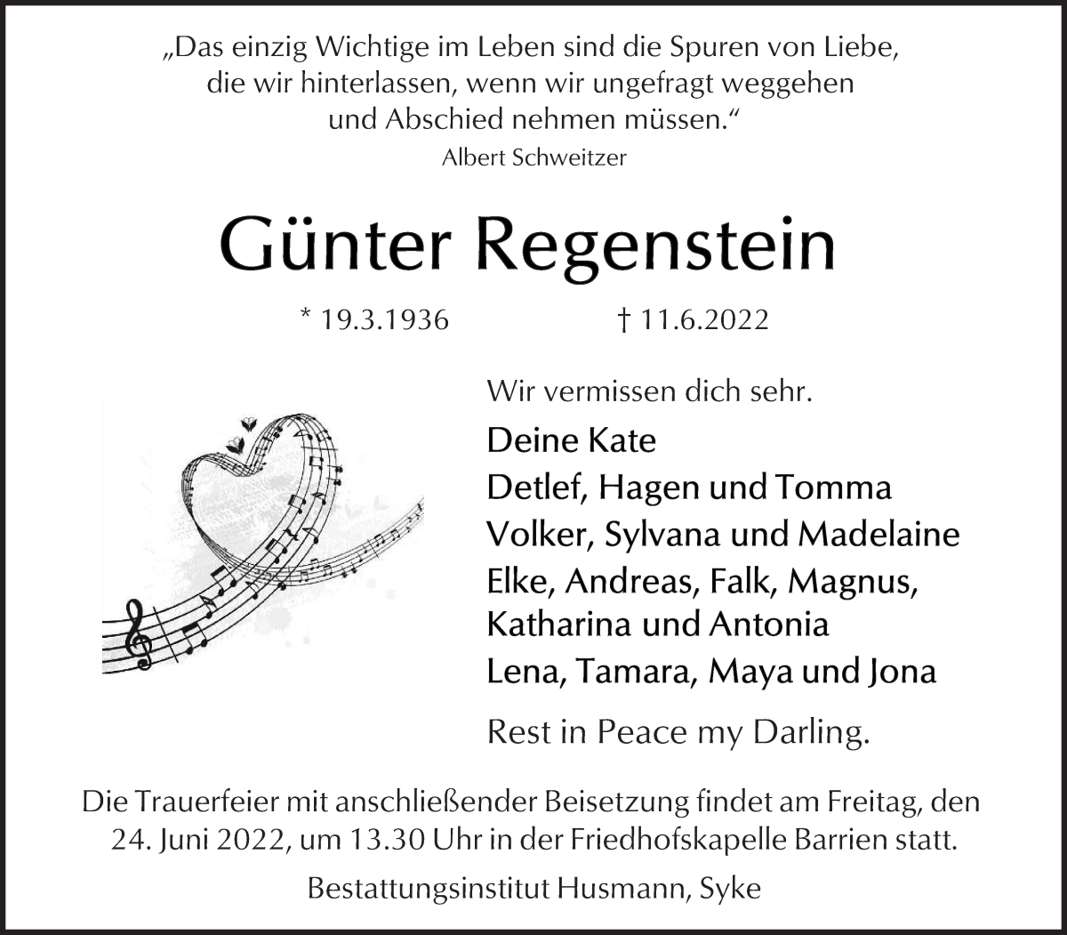  Traueranzeige für Günter Regenstein vom 18.06.2022 aus WESER-KURIER