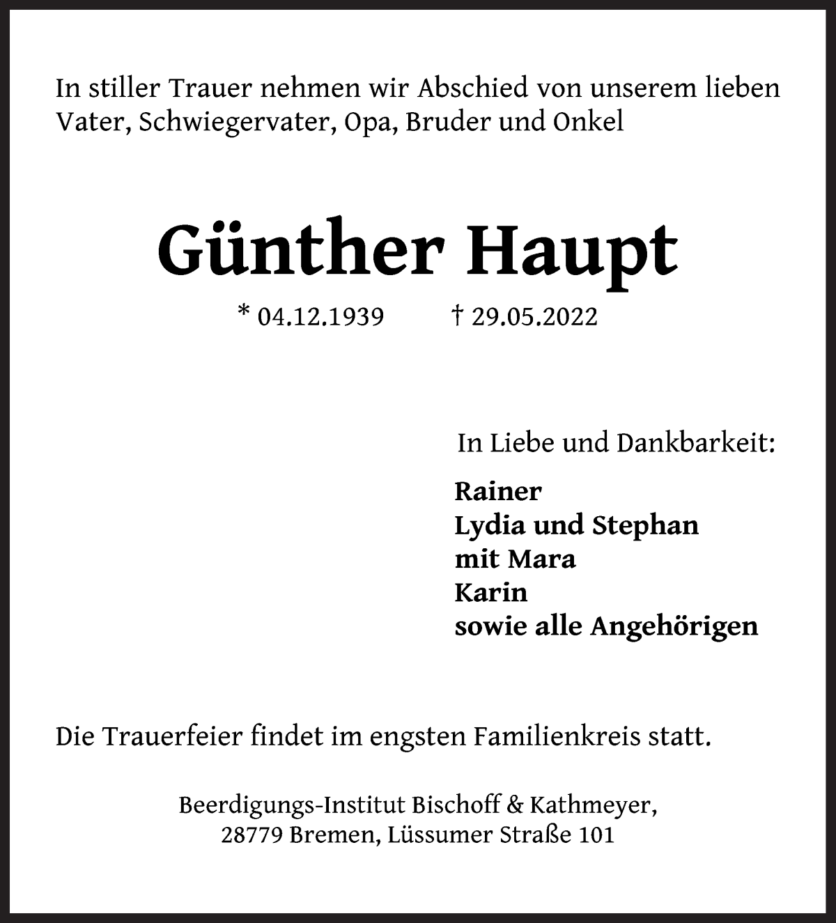  Traueranzeige für Günther Haupt vom 04.06.2022 aus Die Norddeutsche