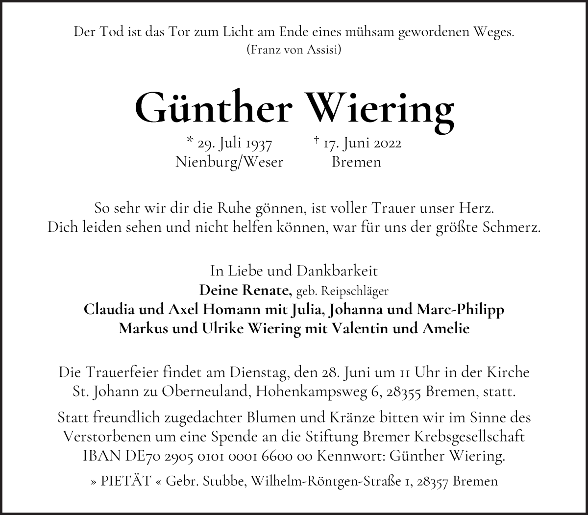  Traueranzeige für Günther Wiering vom 22.06.2022 aus WESER-KURIER