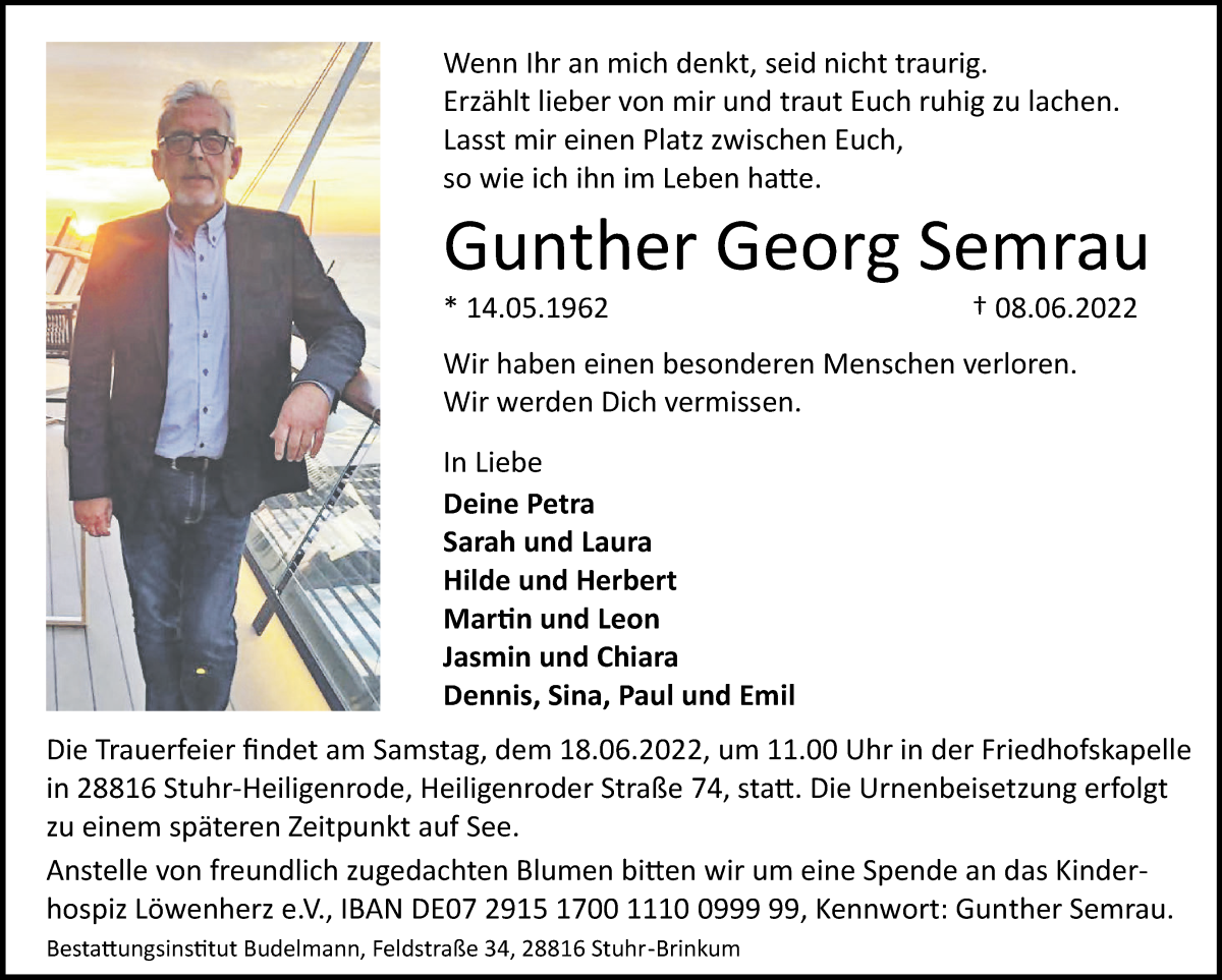  Traueranzeige für Gunther Georg Semrau vom 15.06.2022 aus WESER-KURIER