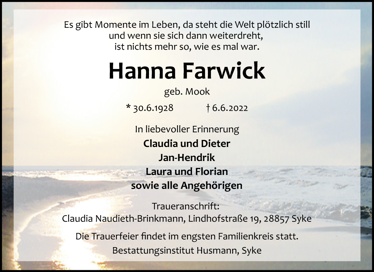  Traueranzeige für Hanna Farwick vom 11.06.2022 aus WESER-KURIER