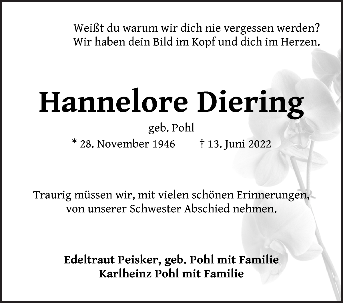 Traueranzeige von Hannelore Diering von Die Norddeutsche