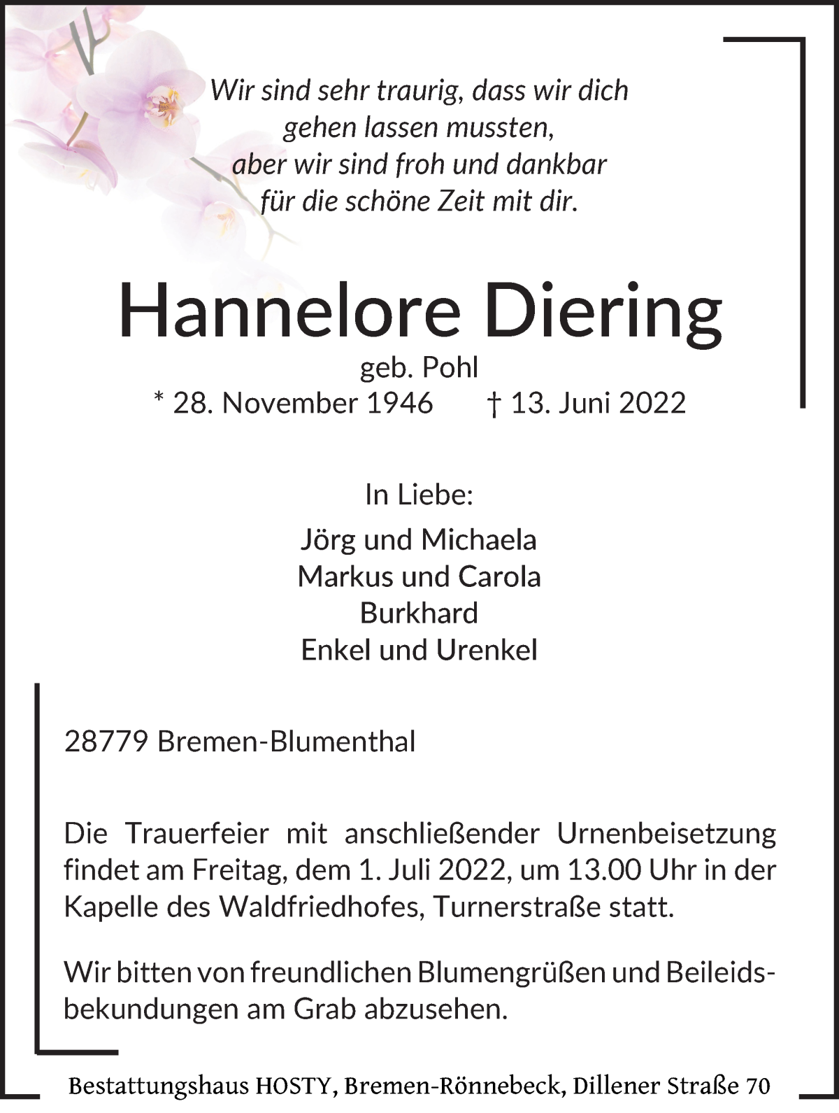 Traueranzeige von Hannelore Diering von Die Norddeutsche