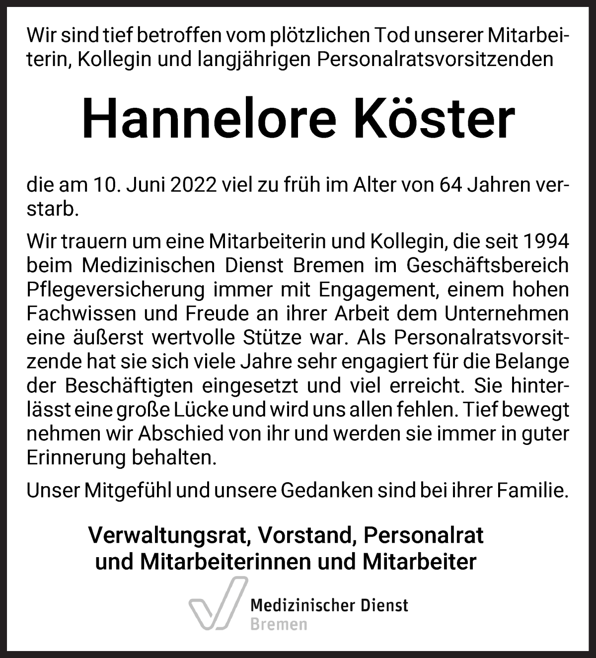  Traueranzeige für Hannelore Köster vom 18.06.2022 aus WESER-KURIER