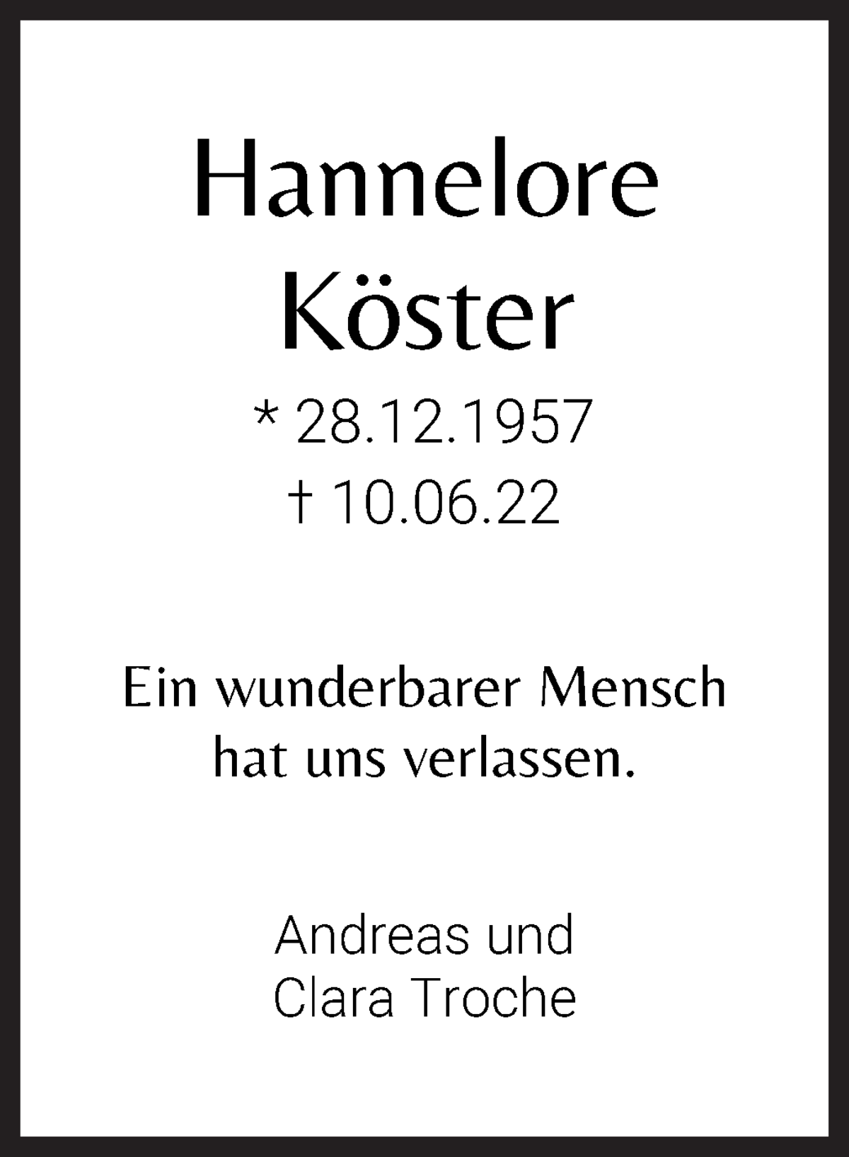  Traueranzeige für Hannelore Köster vom 18.06.2022 aus WESER-KURIER