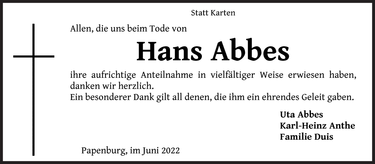  Traueranzeige für Hans Abbes vom 18.06.2022 aus WESER-KURIER