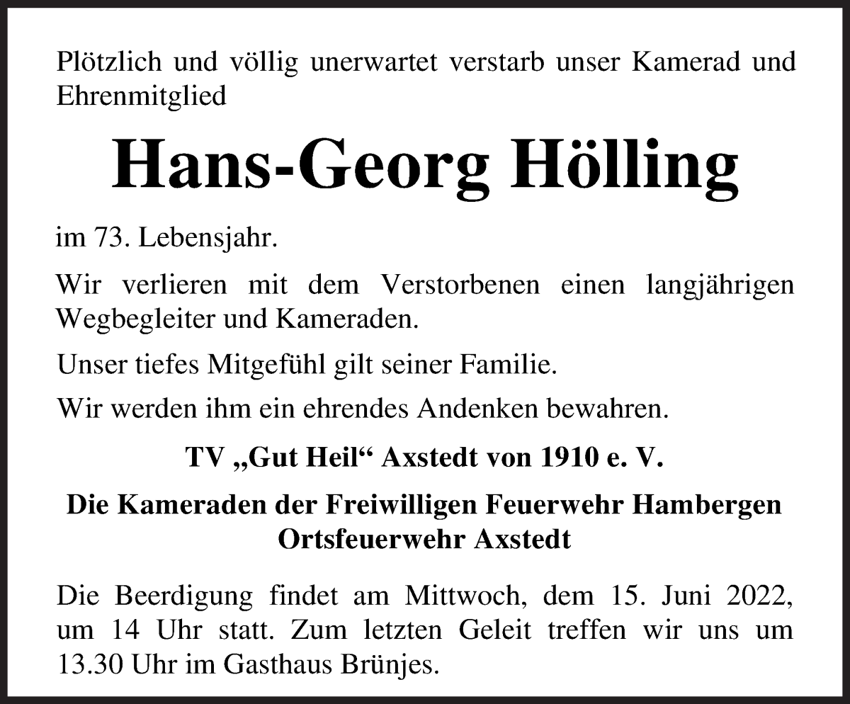 Traueranzeige von Hans-Georg Hölling von Osterholzer Kreisblatt
