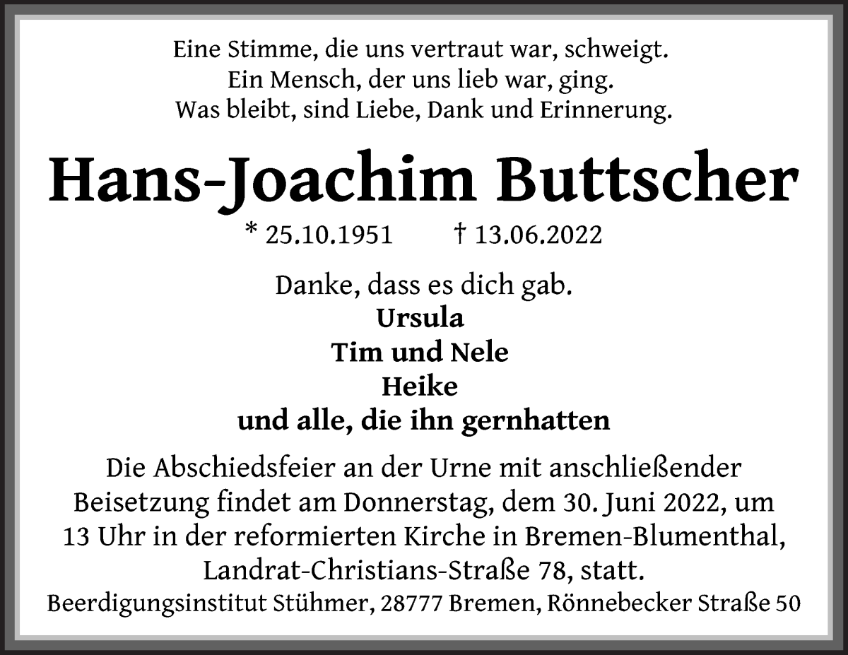 Traueranzeige von Hans-Joachim Buttscher von Die Norddeutsche