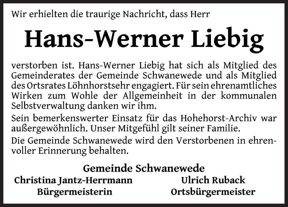 Traueranzeige von Hans-Werner Liebig von Die Norddeutsche