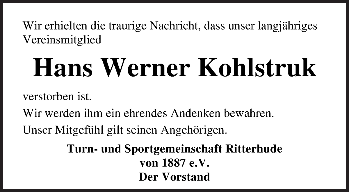Traueranzeige von Hans Werner Kohlstruk von Osterholzer Kreisblatt