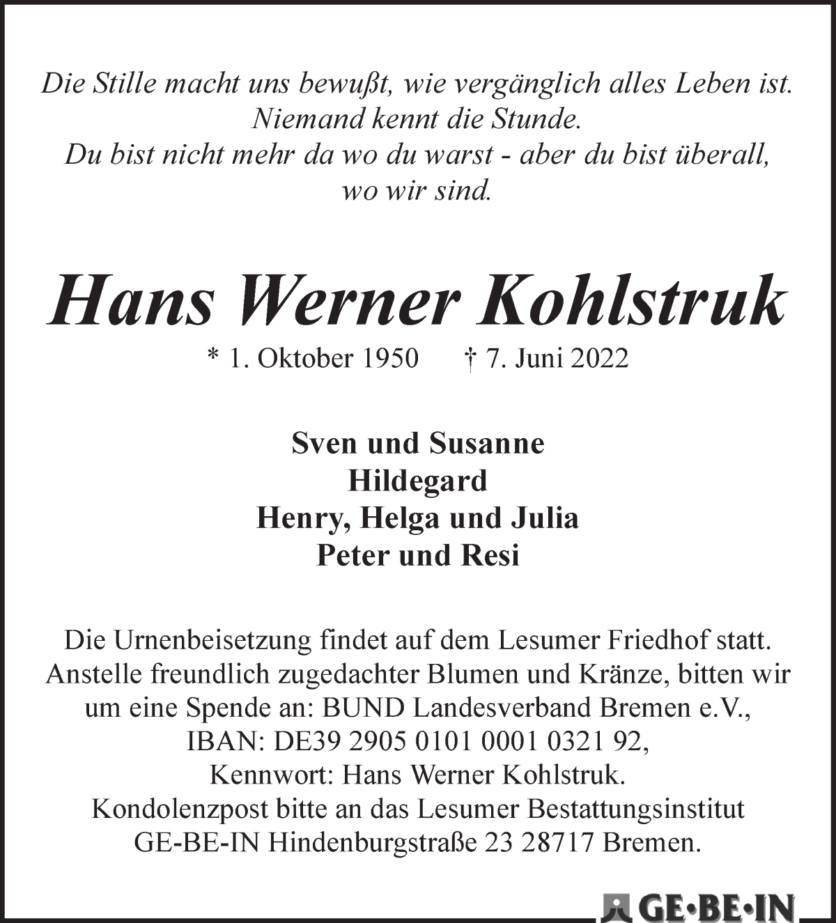 Traueranzeige von Hans Werner Kohlstruk von WESER-KURIER