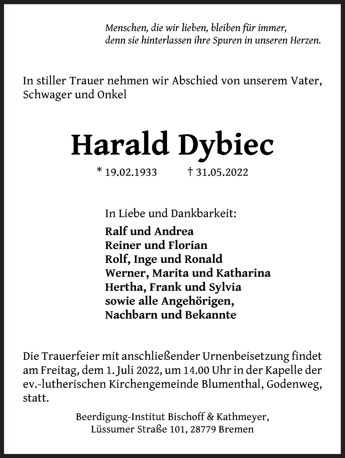  Traueranzeige für Harald Dybiec vom 25.06.2022 aus Die Norddeutsche
