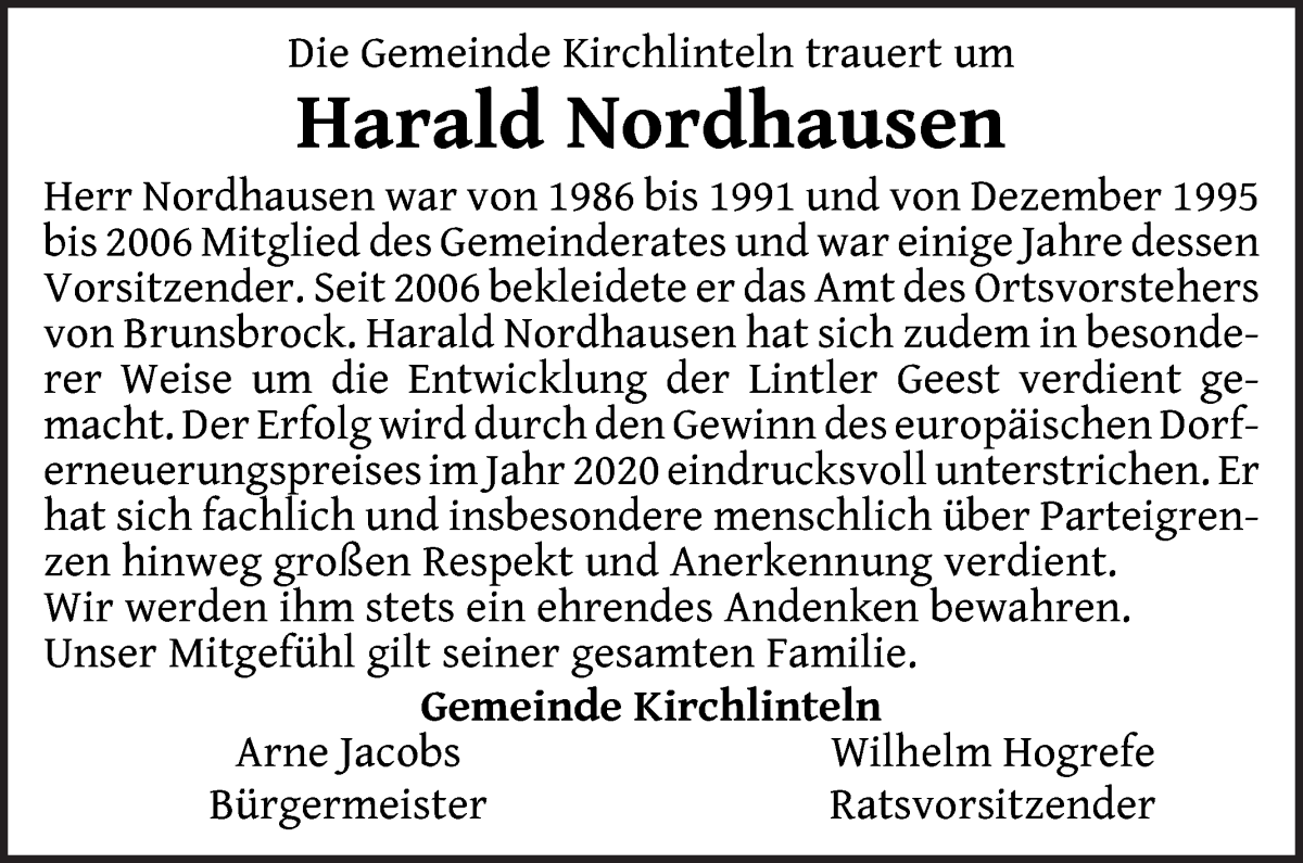Traueranzeige von Harald Nordhausen von Achimer Kurier/Verdener Nachrichten
