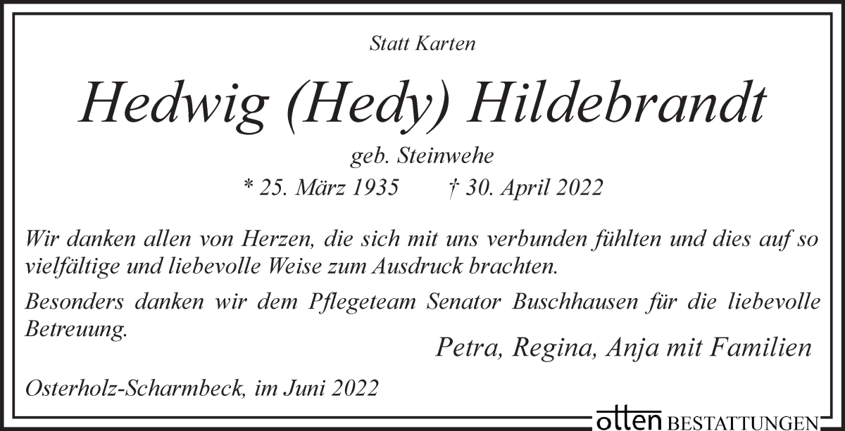  Traueranzeige für Hedwig Hildebrandt vom 25.06.2022 aus Osterholzer Kreisblatt