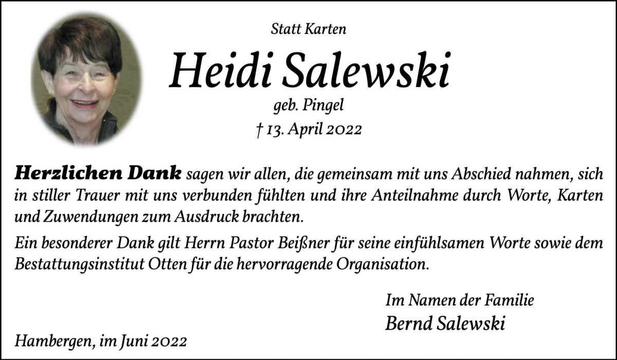  Traueranzeige für Heidi Salewski vom 17.06.2022 aus Osterholzer Kreisblatt