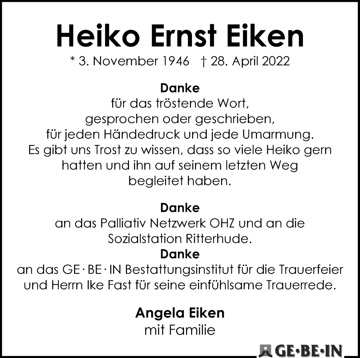  Traueranzeige für Heiko Ernst Eiken vom 04.06.2022 aus WESER-KURIER