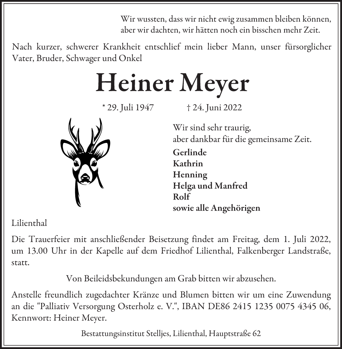  Traueranzeige für Heiner Meyer vom 28.06.2022 aus Wuemme Zeitung