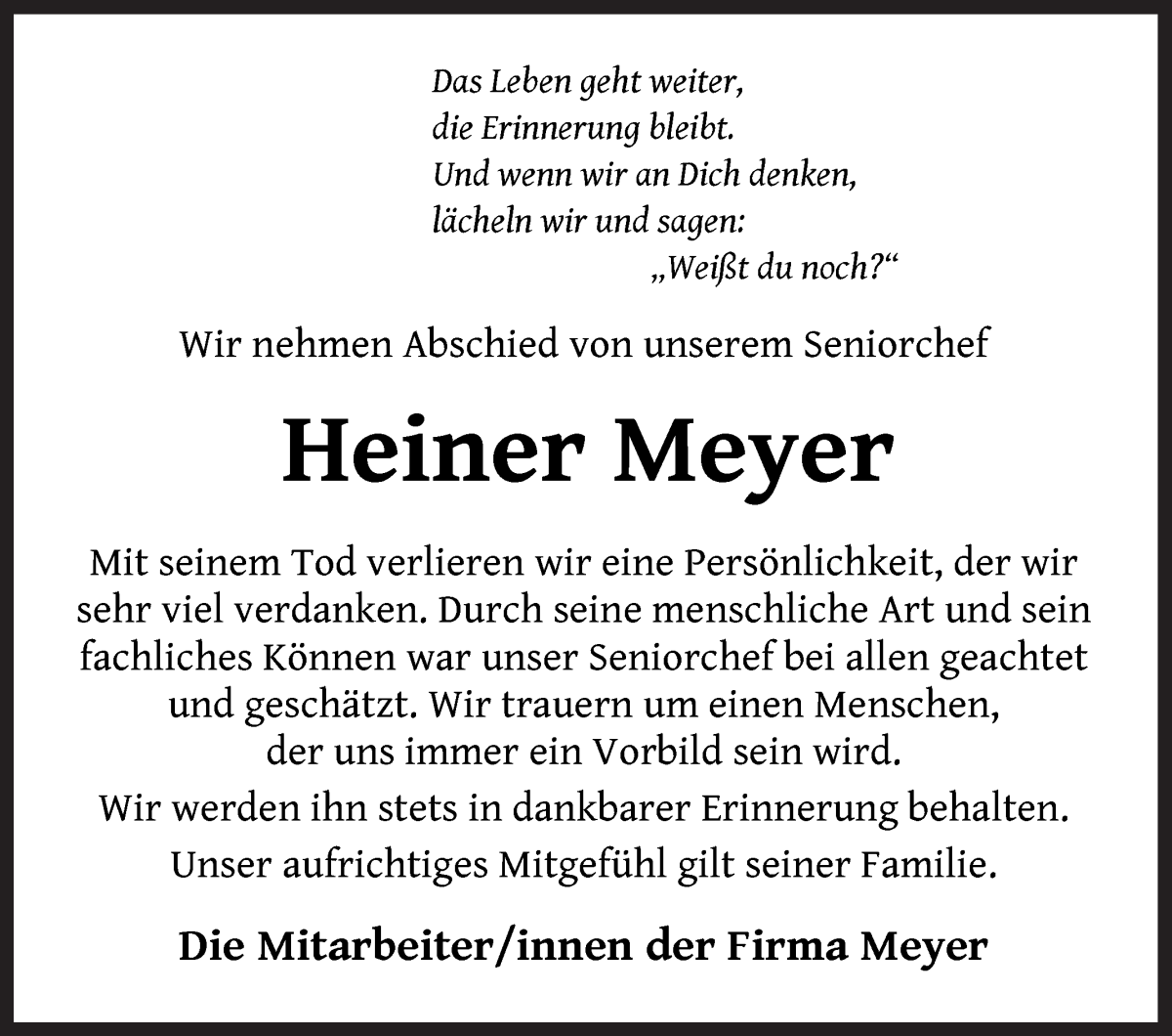  Traueranzeige für Heiner Meyer vom 29.06.2022 aus Wuemme Zeitung