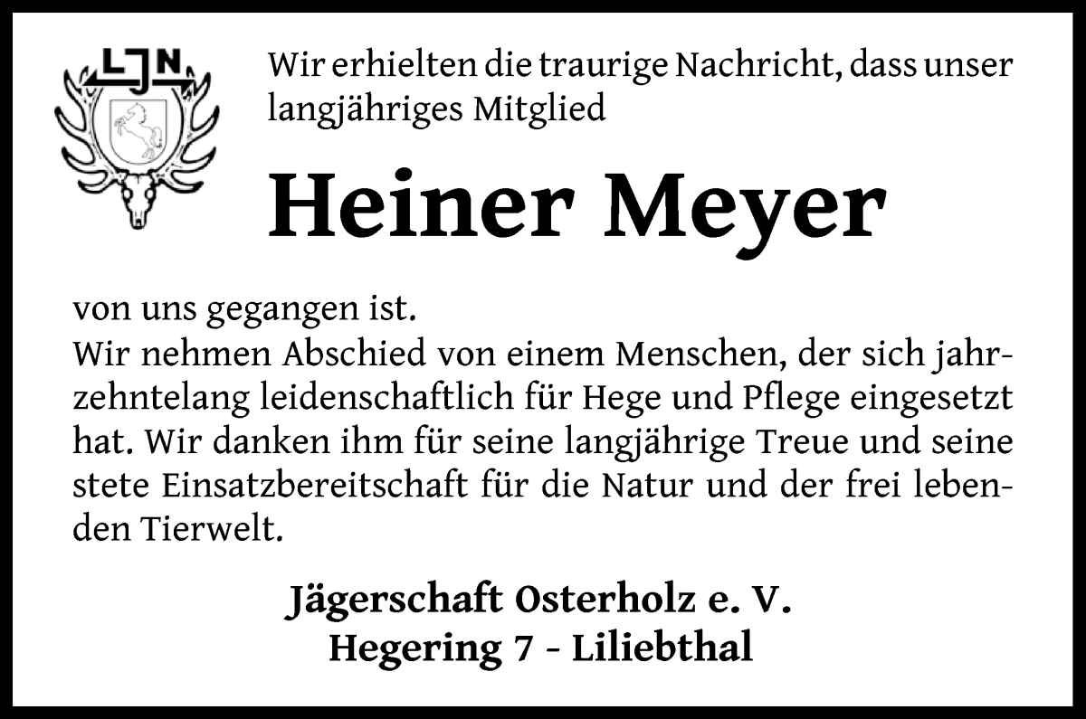  Traueranzeige für Heiner Meyer vom 30.06.2022 aus Wuemme Zeitung