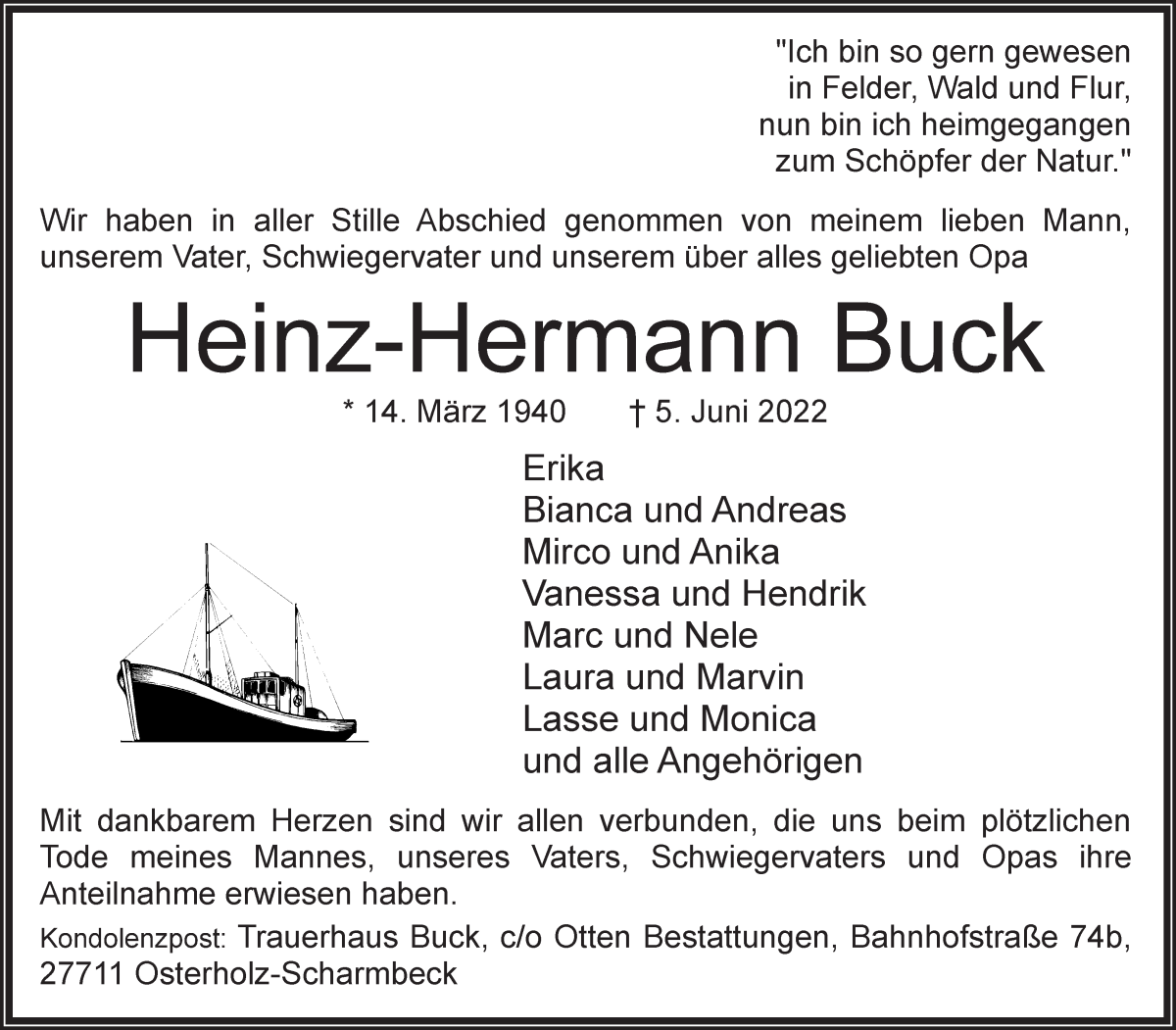 Traueranzeige von Heinz-Hermann Buck von Die Norddeutsche