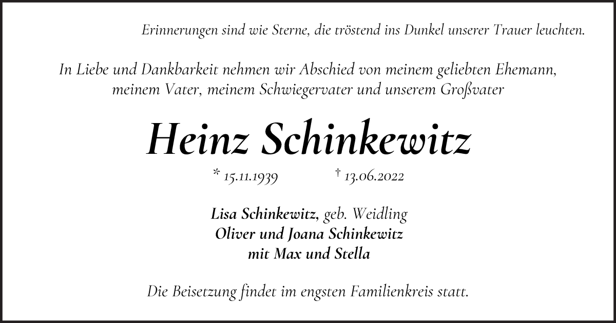  Traueranzeige für Heinz Schinkewitz vom 22.06.2022 aus WESER-KURIER
