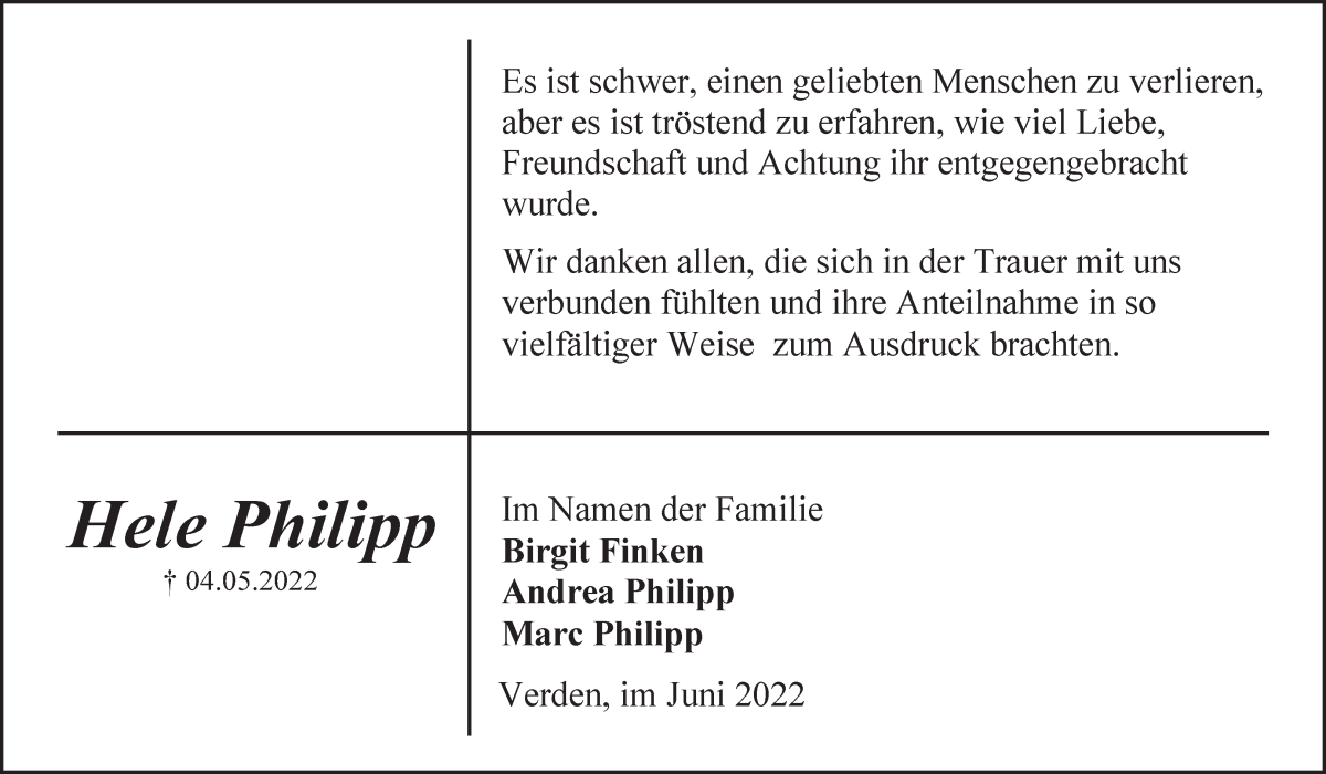 Traueranzeige für Hele Philipp vom 11.06.2022 aus Achimer Kurier/Verdener Nachrichten